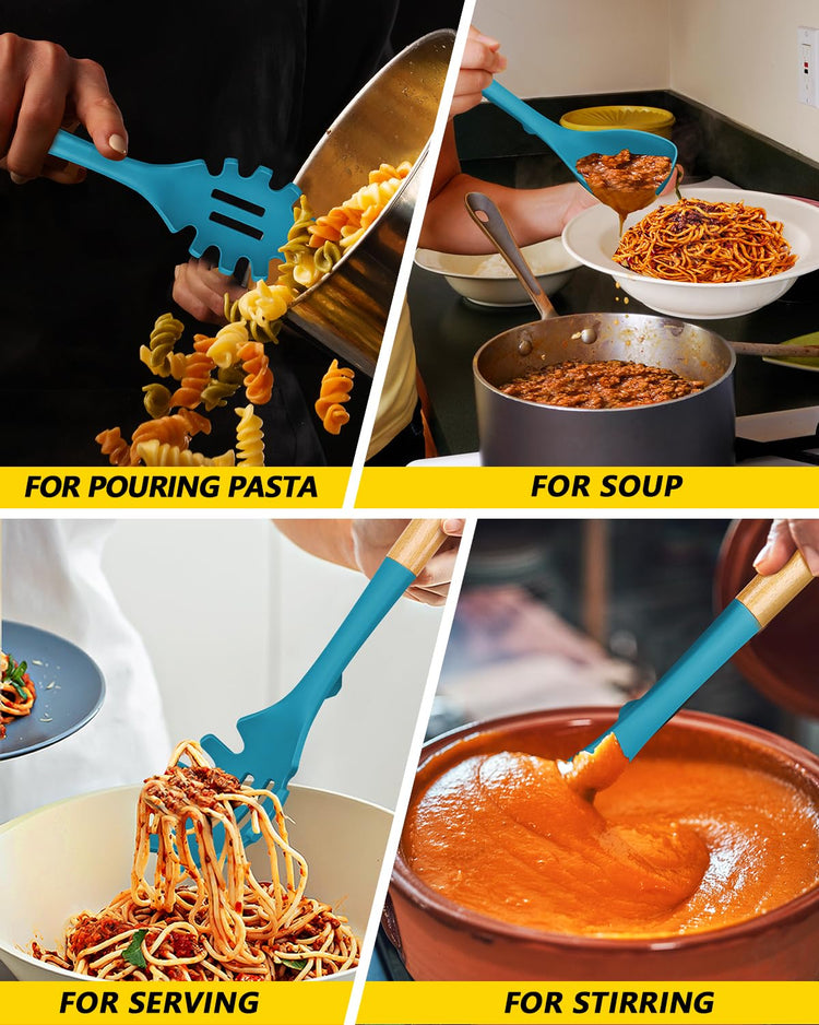 Silicone Soup Ladle and Spaghetti Spoon Set with Wooden Handle (2 Count)