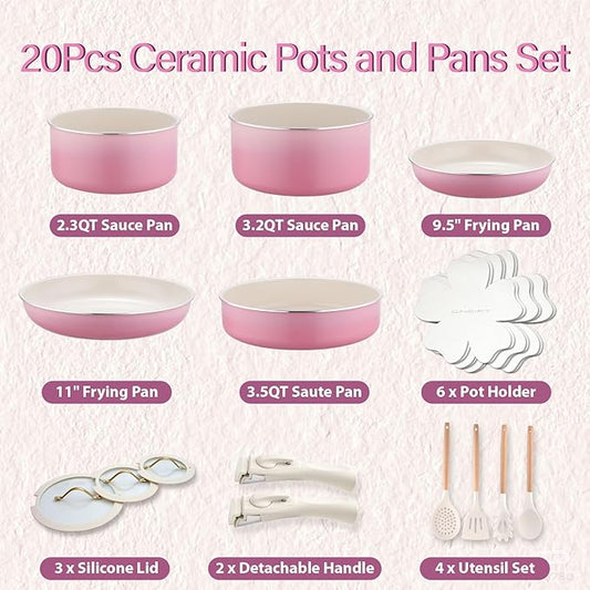 ONGIFT 20pcs Ceramic Cookware Set Nonstick, Detachable Handle Pots and Pans Set, Non Toxic,No PFAS & PTFE & PFOA, Dishwasher/Oven Safe, RV Kitchen Set Removable Handle for Cooking, Pink