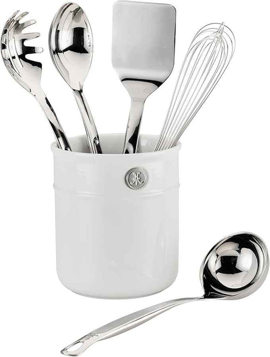 Hestan Provisions Chef's Tools, Deluxe Tool Set (6-Piece) with Porcelain Holder/Bain Marie & Stainless Steel: Solid Spoon, Ladle, Pasta Fork, Turner/Spatula, French Whisk