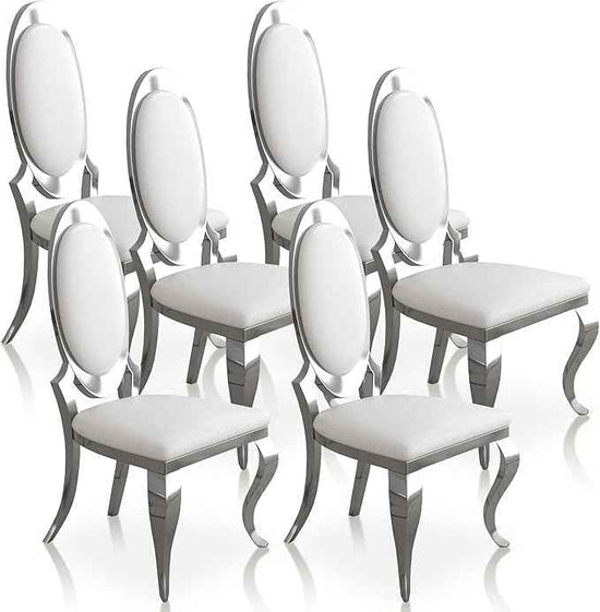 Modern Dining Chairs Set of 6, Luxury Faux Leather Upholstered Armless Dining Room Chair with Mirrored Stainless Steel Silver Legs, Mid Century Accent for Wedding Party Banquet Reception, White