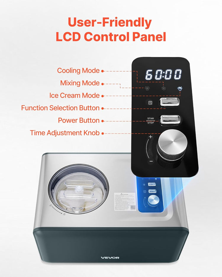 VEVOR Automatic Ice Cream Maker with Built-in Compressor, 1.5 Quart No Pre-freezing Gelato Maker, Stainless Steel Electric Sorbet-Maker, 3 Modes Compressor Ice Cream Machine for Home Kitchen