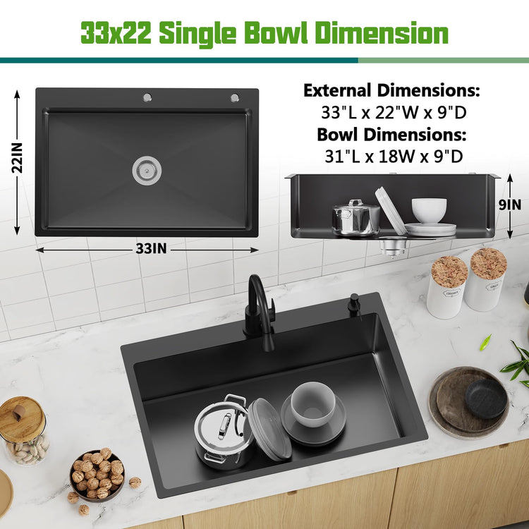 Black 33x22In Drop In Kitchen Sink