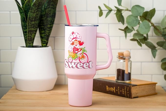 Silver Buffalo Strawberry Shortcake and Custard “Sweet” Double Walled Stainless Steel Tumbler with Handle, Fits in Standard Cup Holder, 40 Ounces