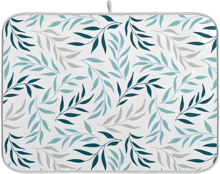 Blue Grey Olive Leaves Dish Drying Mat for Kitchen Counter Absorbent Microfiber Drying Pad, Large 18x24 in, Reversible Drainer Mats