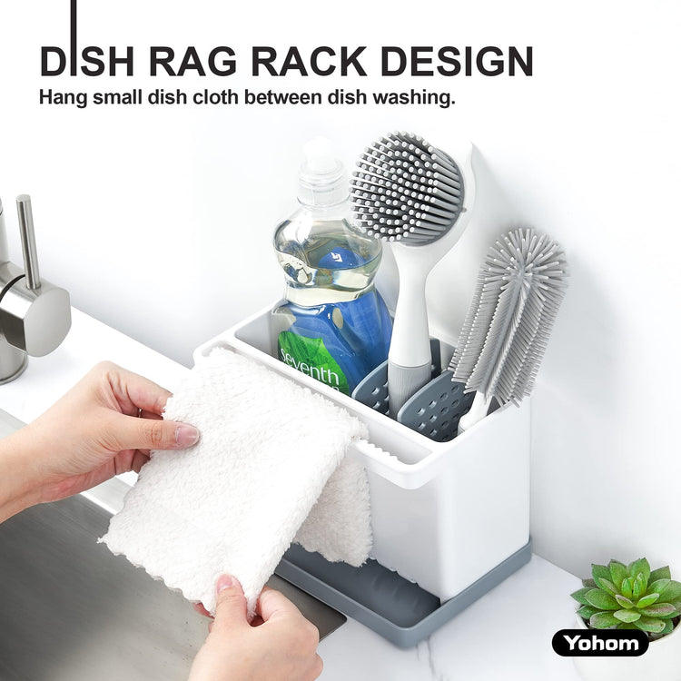Sink Brush Holder for Kitchen Sink Sponge Caddy Countertop Organizer Plastic Dish Scrubber Holder with Dividers