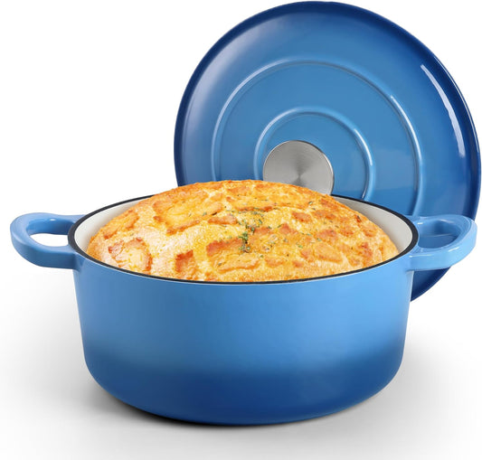 Small 3 Quart Dutch Oven, HaSteeL Round Cast Iron Cooking Pot with Lid, Nonstick Enameled Cookware for Sourdough Bread Baking Roasting Stewing Braising Frying, Heavy Duty & Oven Safe 500℉, Blue - Nestoria