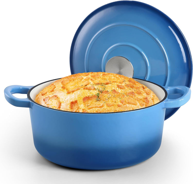 Small 3 Quart Dutch Oven, HaSteeL Round Cast Iron Cooking Pot with Lid, Nonstick Enameled Cookware for Sourdough Bread Baking Roasting Stewing Braising Frying, Heavy Duty & Oven Safe 500℉, Blue - Nestoria