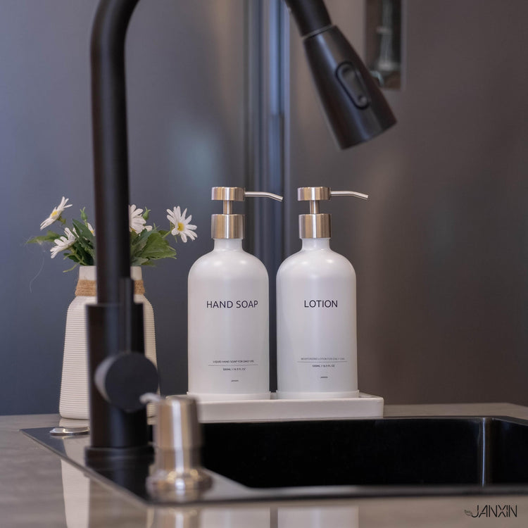 Glass Kitchen Soap Dispenser Set with Ceramic Tray