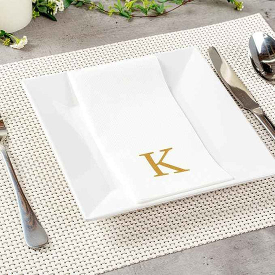 Luxenap 15.8 X 7.9 Inch Linen-Feel Guest Towels, 2000 Lettered Hand Towels - Gold Letter 'K', Sans Serif Font, White Paper Dinner Napkins, airlaid, For Restrooms And Tables