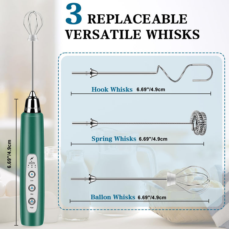 Milk Frother Wand Rechargeable Handheld Whisk Coffee 3 Speed Adjustable