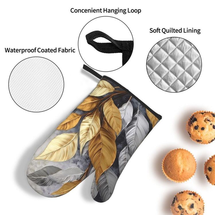 Gold Silver Tropical Leaves Oven Mitts and Pot Holders Sets of 3 (3 Count)