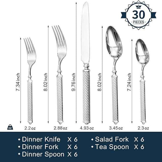KINGSTONE Retro Rope-Pattern Silverware Set, 30-Piece Flatware Set Cutlery Set Forged with Handcrafted Texture Handles 18/10 Stainless Steel, Dishwasher Safe