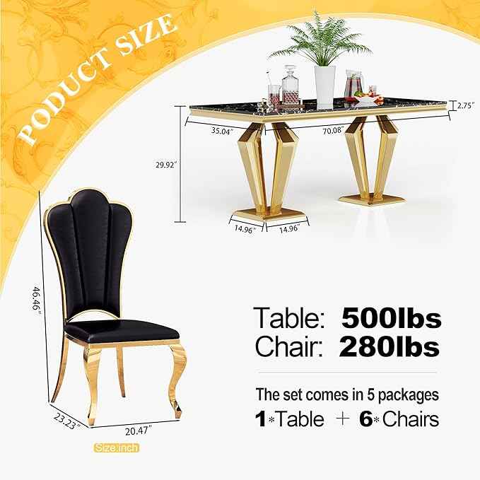 AF ARTISAN FURNITURE 7 Piece Luxury Dining Room Set, Modern Dining Table and Upholstered Chairs Set, Marble Kitchen Table Set for 6, Big Kitchen Dinner Tables Kit with Gold Base
