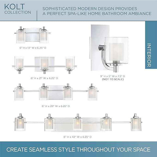 Quoizel Kolt Modern Vanity Lights, 5-Light, 42 Inch Polished Chrome Bathroom Lighting Fixtures Over Mirror, Sandblasted Inner Glass, 50 W LED Bulb, Wall Mount Light for Bathroom, Kitchen or Hallway