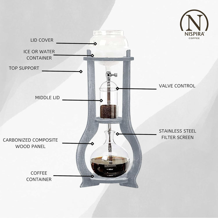 Nispira Iced Coffee Cold Brew Drip Tower Coffee Maker Wooden, 6-8 cup, Grey