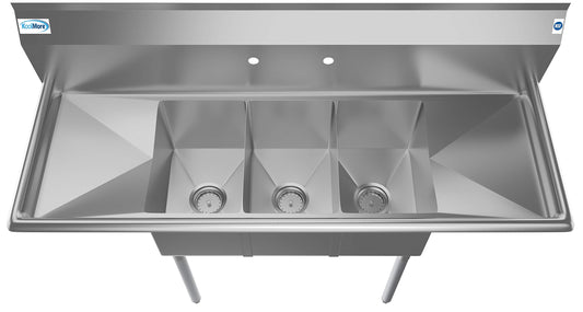 SC101410 12B3 3 Compartment Stainless Steel NSF Commercial Kitchen Sink with Right and Left Drainboards