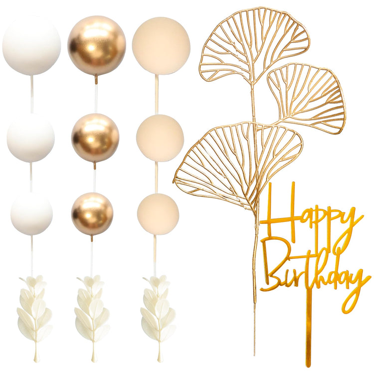 57Pcs Khaki Balls Cake Topper Boho Grass Cake topper Pearl Balls Acrylic Happy Birthday Cake Decorations for Wedding Baby Shower Birthday Boho Themed Party Supplies Khaki White Gold (57 Count)