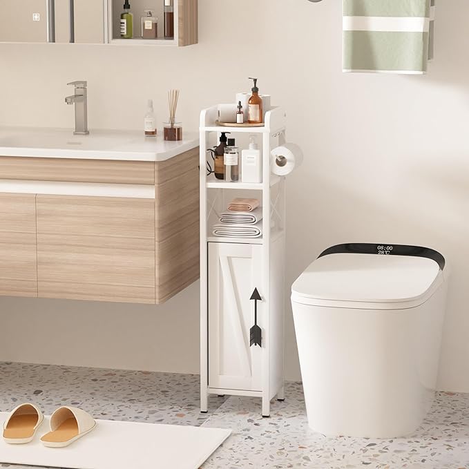 VECELO Small Bathroom Cabinet,Slim Toilet Paper Holder with Door & 2 Shelves,Narrow Storage Organizers Fenced Top Waterproof Coating for Restroom Bathroom in Tiny Space,White