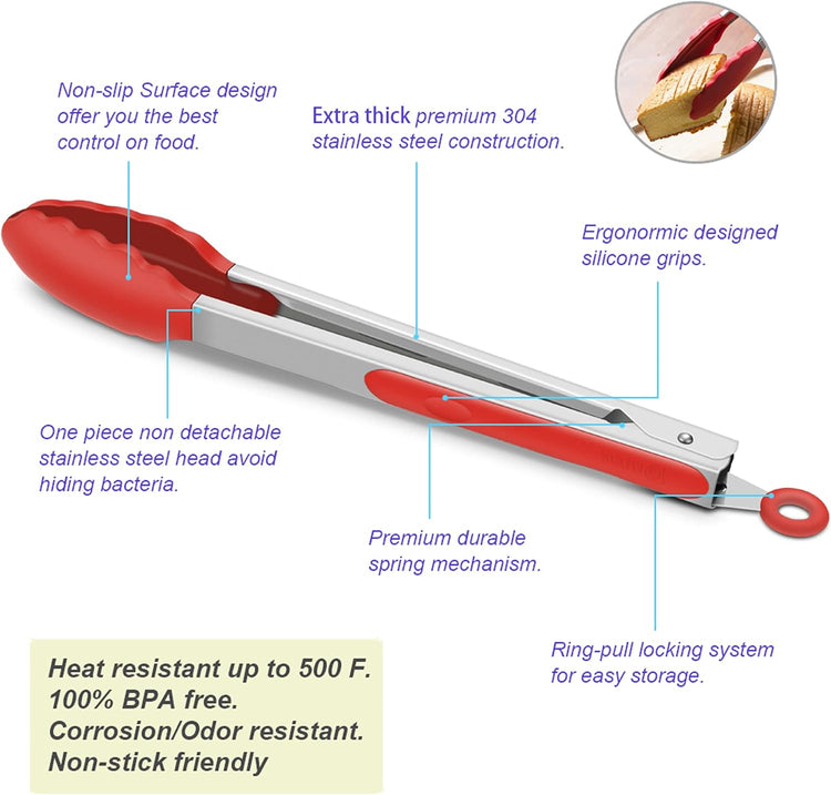 4 Pack Red Kitchen Tongs, Premium Silicone BPA Free Non-Stick Stainless Steel BBQ Cooking Grilling Locking Food Tongs, 9-Inch & 12-Inch