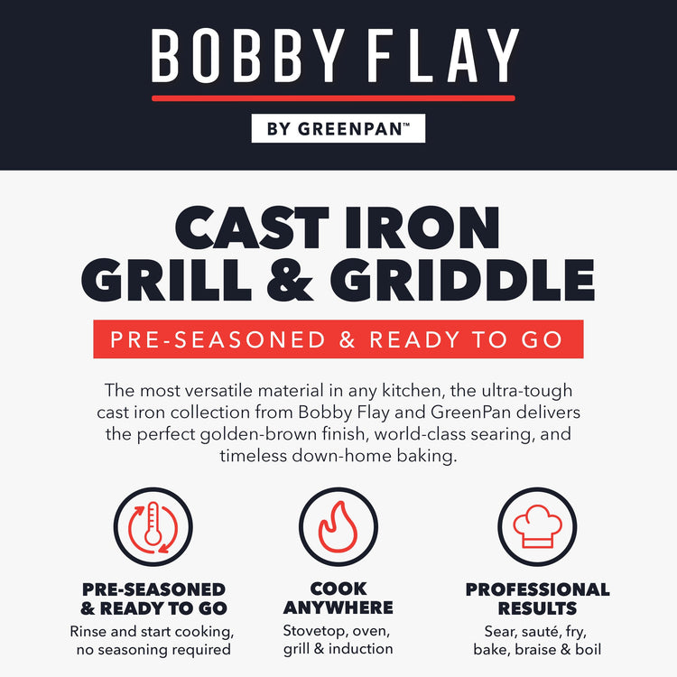 x Bobby Flay 16.5 x 9.5 Cast Iron Reversible Double Burner Griddle