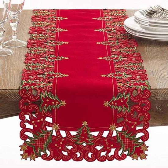 Fennco Styles Pandoro Collection Holiday Embroidered Christmas Tree Cutwork Border 16 x 54 Inch Table Runner – Red Table Runner for Christmas Dinner, Family Gathering, Special Events and Home Décor