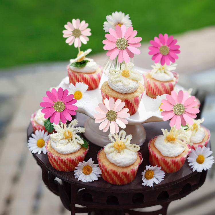 24Pcs Daisy Cupcake Toppers Flower Cake Topper Decorations Daisy Cake Decorations Chrysanthemum Cupcake Toppers Spring Daisy Flower Cake Picks for Birthday Wedding Supplies Rose Red Pink (24 Count)
