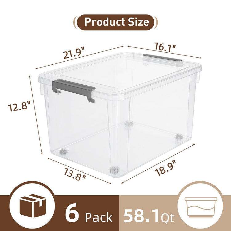 6 Packs 58.1 QT Plastic Storage Bins with Lids Large Stackable Storage Containers for Organizing Clear Storage Box for Garage (6 Count)