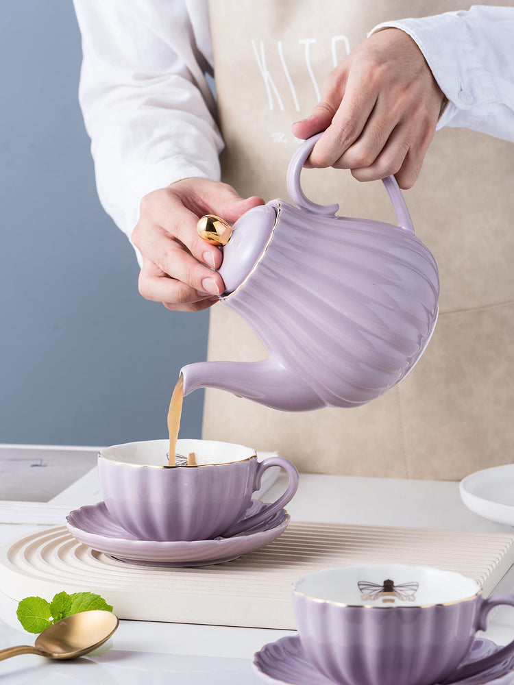 Fine China Purple Teapot and Creamer Sugar Bowl Set