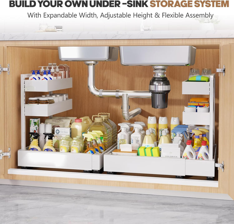 Expandable Under Sink Organizer with 3 Ball-Bearing Slide Rails, 2-Tier Pull-Out Under Cabinet Storage Shelf for Kitchen & Bathroom, Height-Adjustable Slide-Out Cabinet Drawer （White, 1-Pack）