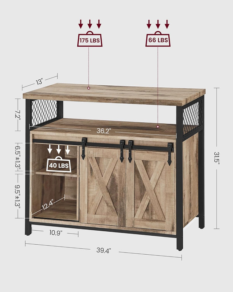 VASAGLE Buffet Cabinet, Coffee Bar Storage Cabinet, Sideboard with 2 Sliding Barn Doors, Adjustable Shelves, 13 x 39.4 x 31.5 Inches, for Living Room, Camel Brown and Ink Black ULSC092B50