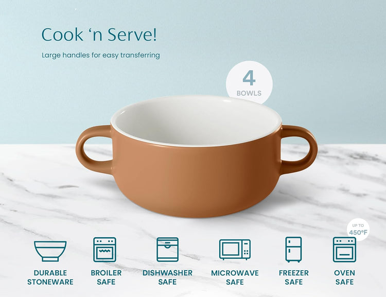 Kook Soup Crocks, Ceramic Bowls, Broil, Oven, Microwave and Dishwasher Safe, with Handles, For Casserole, Pasta, Cereal, 18 oz, Set of 4 (Caramel)