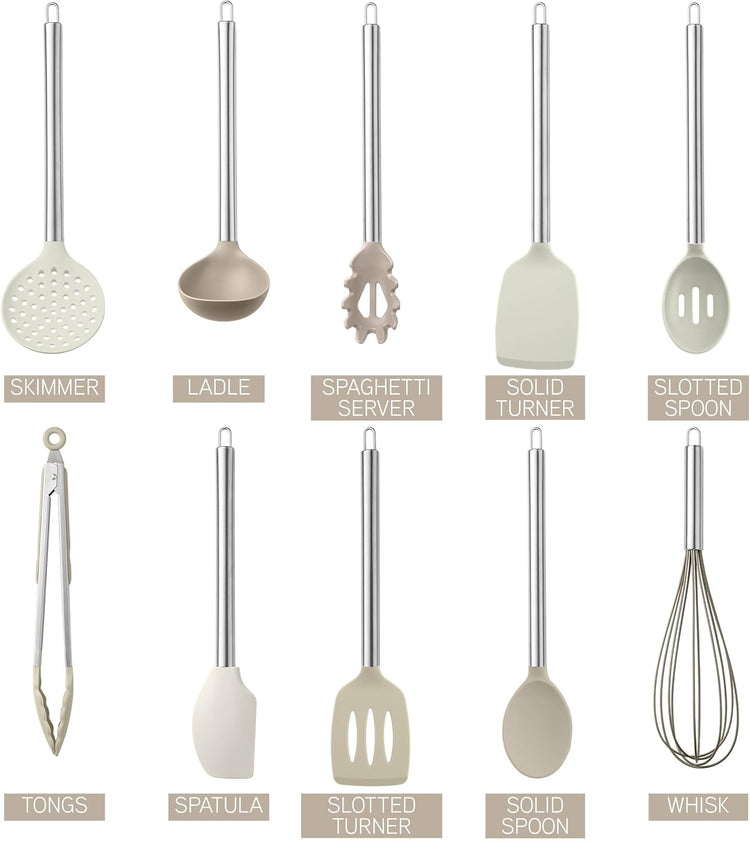 COOK WITH COLOR Silicone Cooking Utensils, Kitchen Utensil Set, Easy to Clean Silicone Kitchen Utensils, Cooking Utensils for Nonstick Cookware, Kitchen Gadgets Set, 10 Pieces, Brown