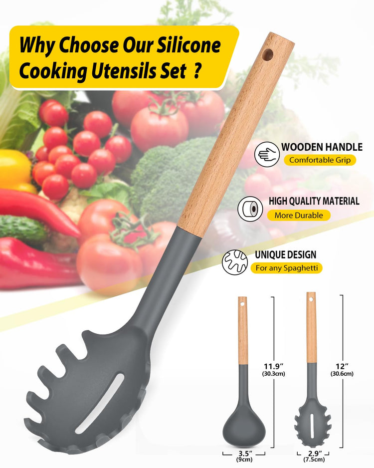 Silicone Pasta Fork and Ladle Spoon Set with Wooden Handle (2 Count)