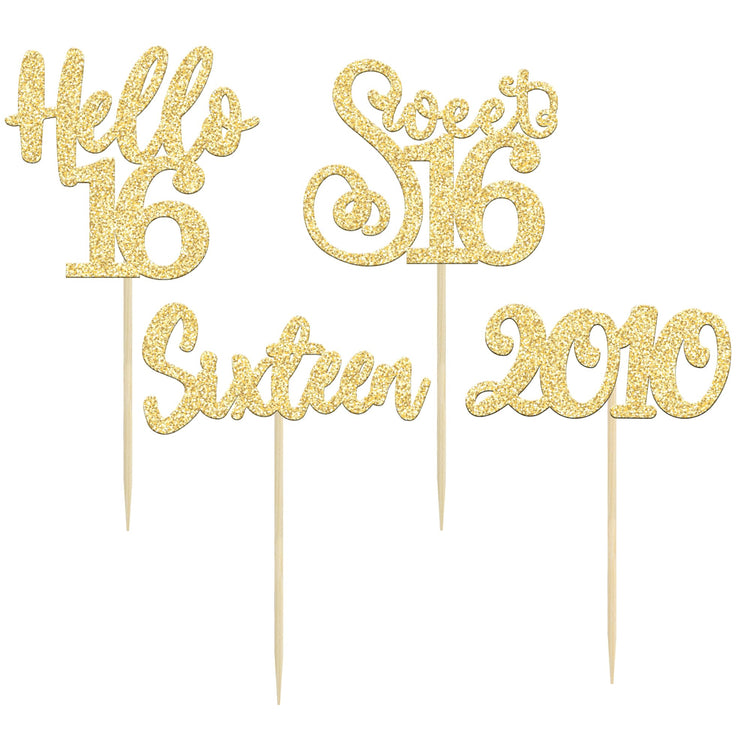 24Pcs 16th Birthday Cupcake Toppers Gold Glitter Hello 16 Sweet 16 Cupcake Picks 2010 16th Birthday Cake Decorations for Anniversary Party Supplies (24 Count)