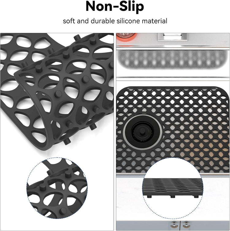 TOOVEM Kitchen Sink Mats, 2PCS Non-Slip Heat Resistant Silicone Sink Protector Mat, Folding Farmhouse Rear Drain Sink Mats (Type2: Side Drain, Black)