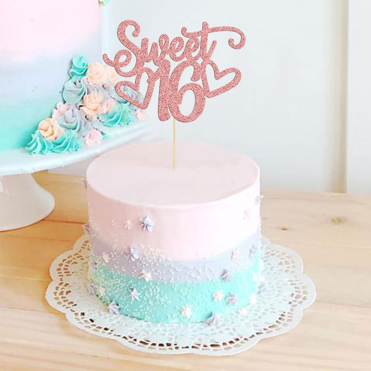 1Pc Sweet Teenager 16 Cake Topper Glitter 16th Birthday Cake Pick for Cheers to 16 Years Old 16th Birthday Party Cake Decorations Supplies Rose Gold