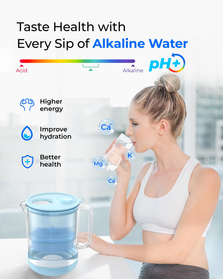 PT-72B-A Glass Alkaline Water Filter Pitcher, 7-Cup, Blue