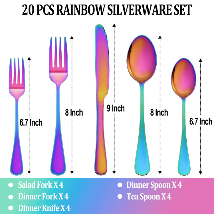 20 Pcs Rainbow Silverware Set Service for 4 (20 Count)
