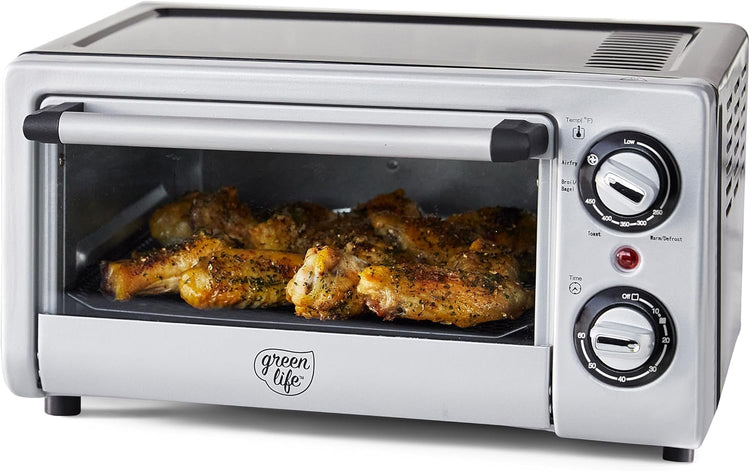 GreenLife Countertop Toaster Oven Air Fryer Stainless Steel, Healthy Ceramic Nonstick, PFAS and PFOA-Free, Tray & Basket, Bake, Broil, Reheat, Adjustable Temp & Time Control, Auto Shutoff, Black