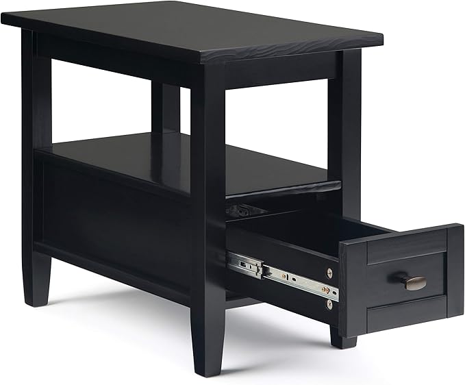 SIMPLIHOME Warm Shaker End Table - 14 inch Wide Solid Wood Narrow Side Table in Black, Transitional Accent Table for Living Room or Bedroom with Drawer, Open Shelf and Square Tapered Legs