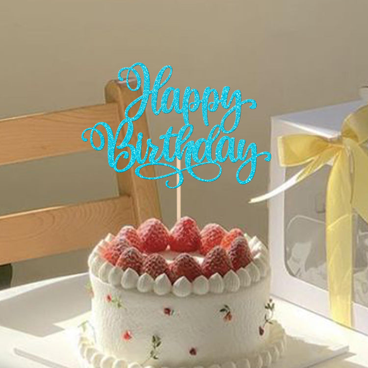 1 PCS Happy Birthday Cake Topper Glitter Cake Pick for Celebrating Anniversary Party Cake Decorations Supplies Lake Blue