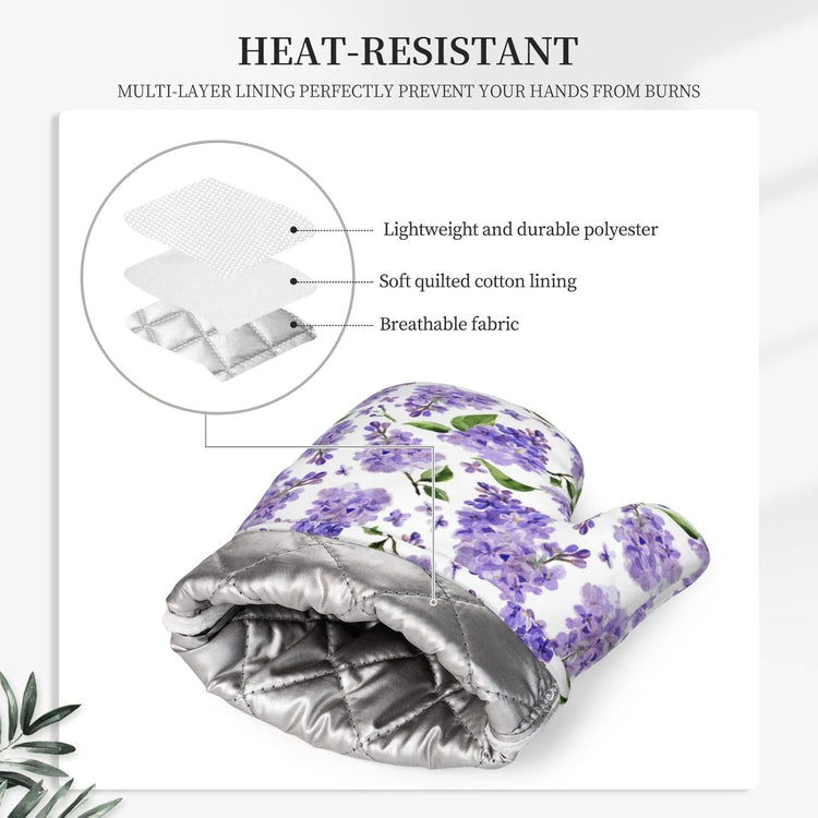 Lavender Oven Mitts and Pot Holders 4 pcs Set Silicone Lilac Flower Kitchen Oven Mitt Gloves Lavenders Pot Holders Non-Slip Heat Resistant Cooking Mitts Set for Kitchen Baking Grilling
