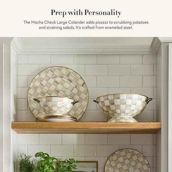 MACKENZIE-CHILDS Enamel Colander, Decorative Kitchen Strainer, Large, Brown-and-White Mocha Check
