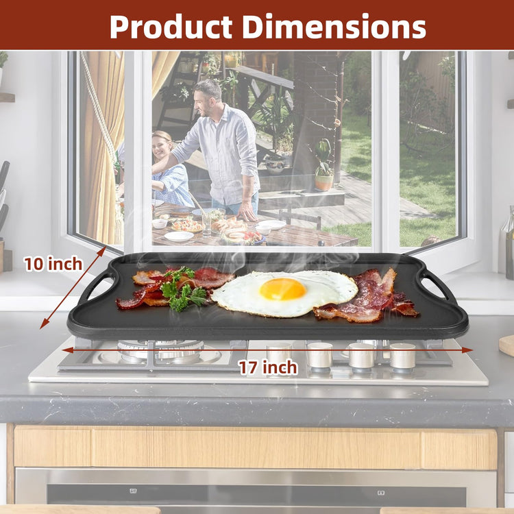 17" x 10" Reversible Cast Iron Griddle Pan for 2 Burner Gas Stoves