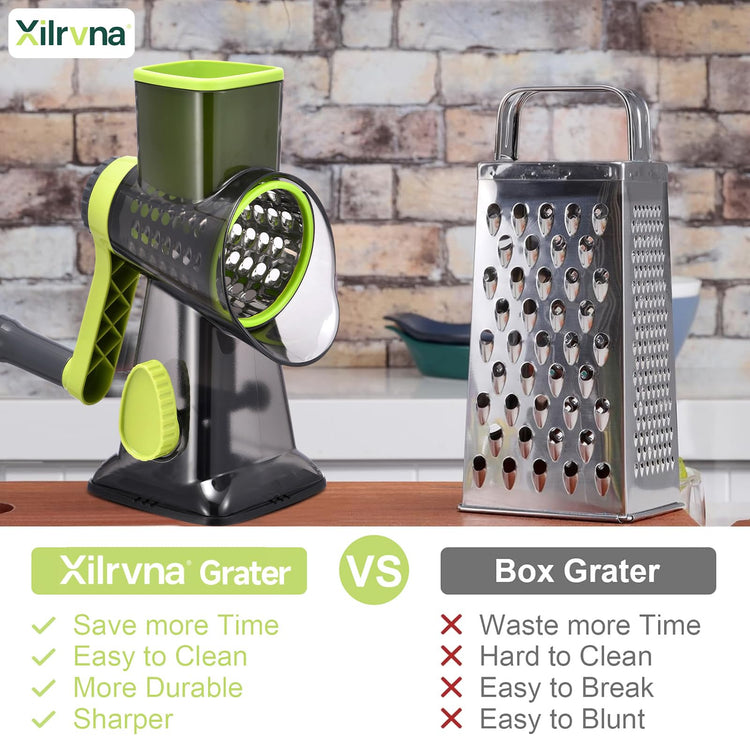 Rotary Cheese Grater with Handle Kitchen Shredder Slicer Grater Slicer Ice Shaver Cheese Vegetable Nuts Potato Zucchini Chocolate 3 Interchangeable Blades