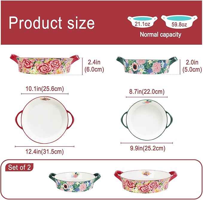 Two-piece baking pan set: Hand-painted floral ceramic baking pan with creative double handles, suitable for lasagna, quiche, apple pie, etc, a housewarming or wedding gift. (Combination 1)