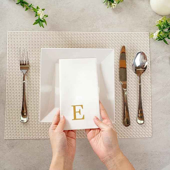 Luxenap 15.8 X 7.9 Inch Linen-Feel Guest Towels, 50 Lettered Hand Towels - Gold Letter 'E', Sans Serif Font, White Paper Dinner Napkins, airlaid, For Restrooms And Tables - Restaurantware