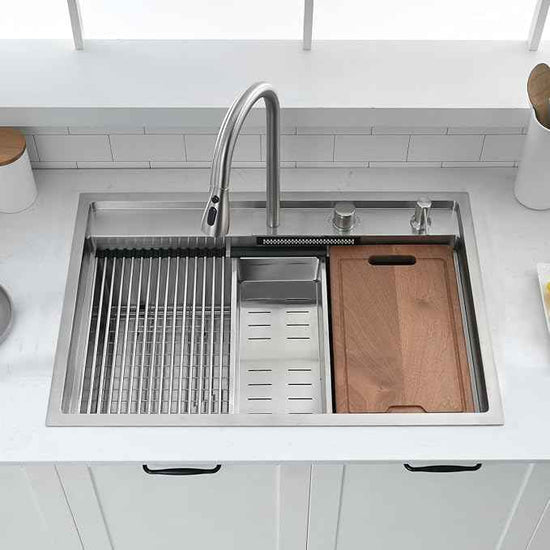 30 inch Drop in Kitchen Sink Waterfall Workstation with Faucet Combo-VOKIM 30x22 Drop-in sink 16 Gauge Stainless Steel Single Bowl Kitchen Sink with Cutting Board