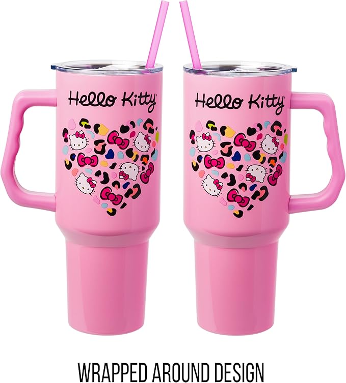 Silver Buffalo Sanrio Hello Kitty Leopard Jungle Cat Print and Bows Heart Double Walled Stainless Steel Tumbler with Handle and Straw, Fits in Standard Cup Holder, 40 Ounces