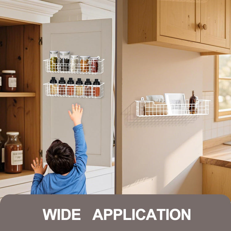 Spice Rack, 4-Pack Seasoning Organizer Wall Mount for Kitchen Storage Organization, Spice Holder Metal Shelf Saving Space for Cabinet, RV, Pantry, White (4 Count)